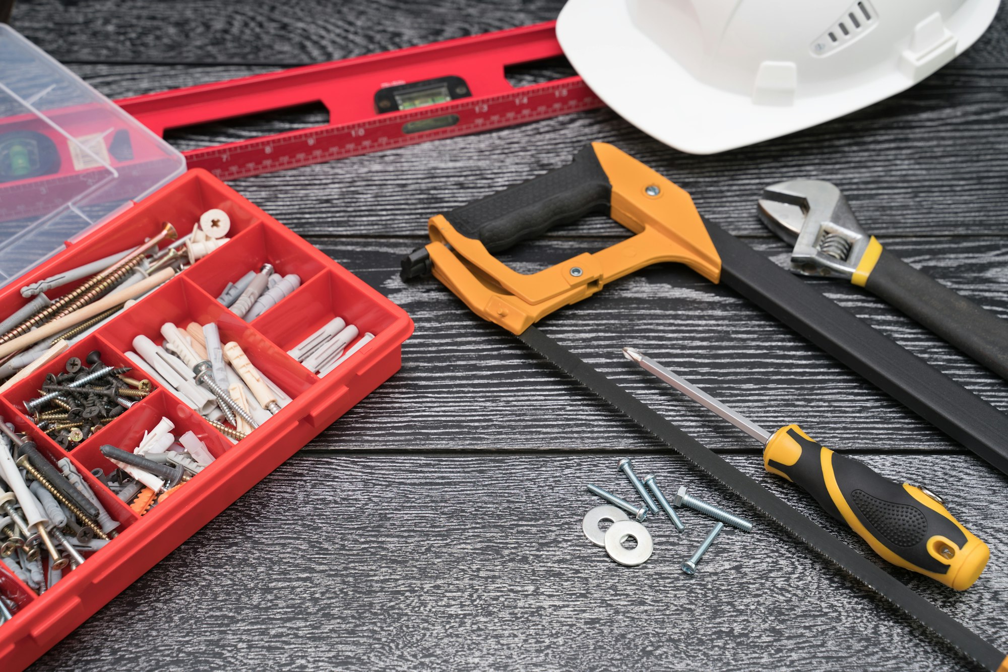 construction tools on wooden floor